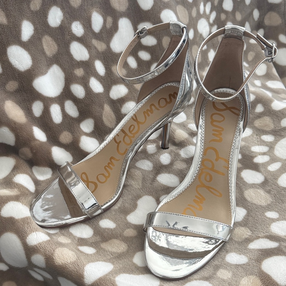 Sam Edelman Metallic Silver Ankle-Strap Stilettos